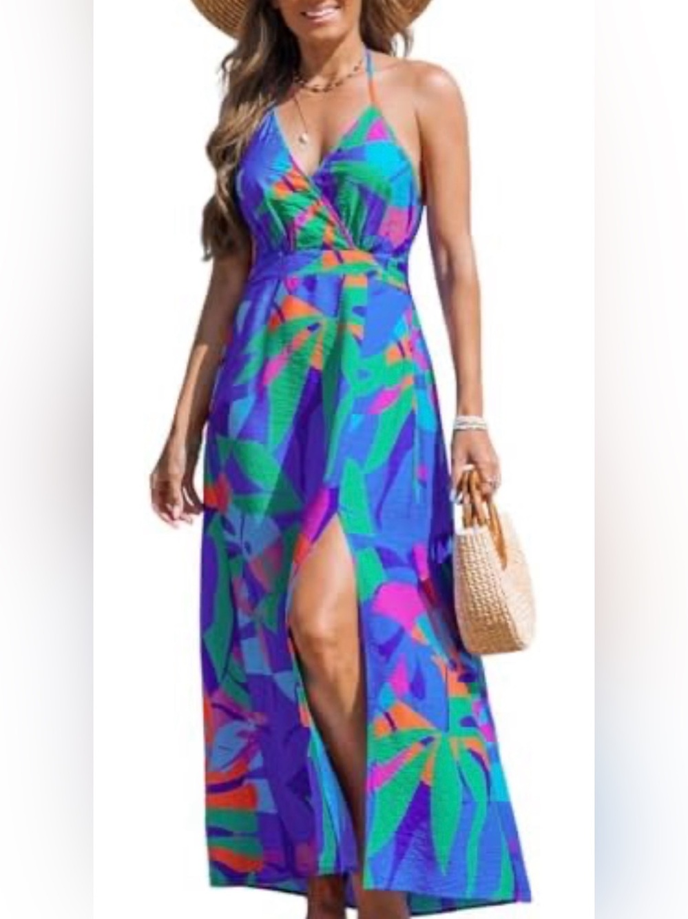 Cupshe Purple Blue Tropical Halter Maxi Dress